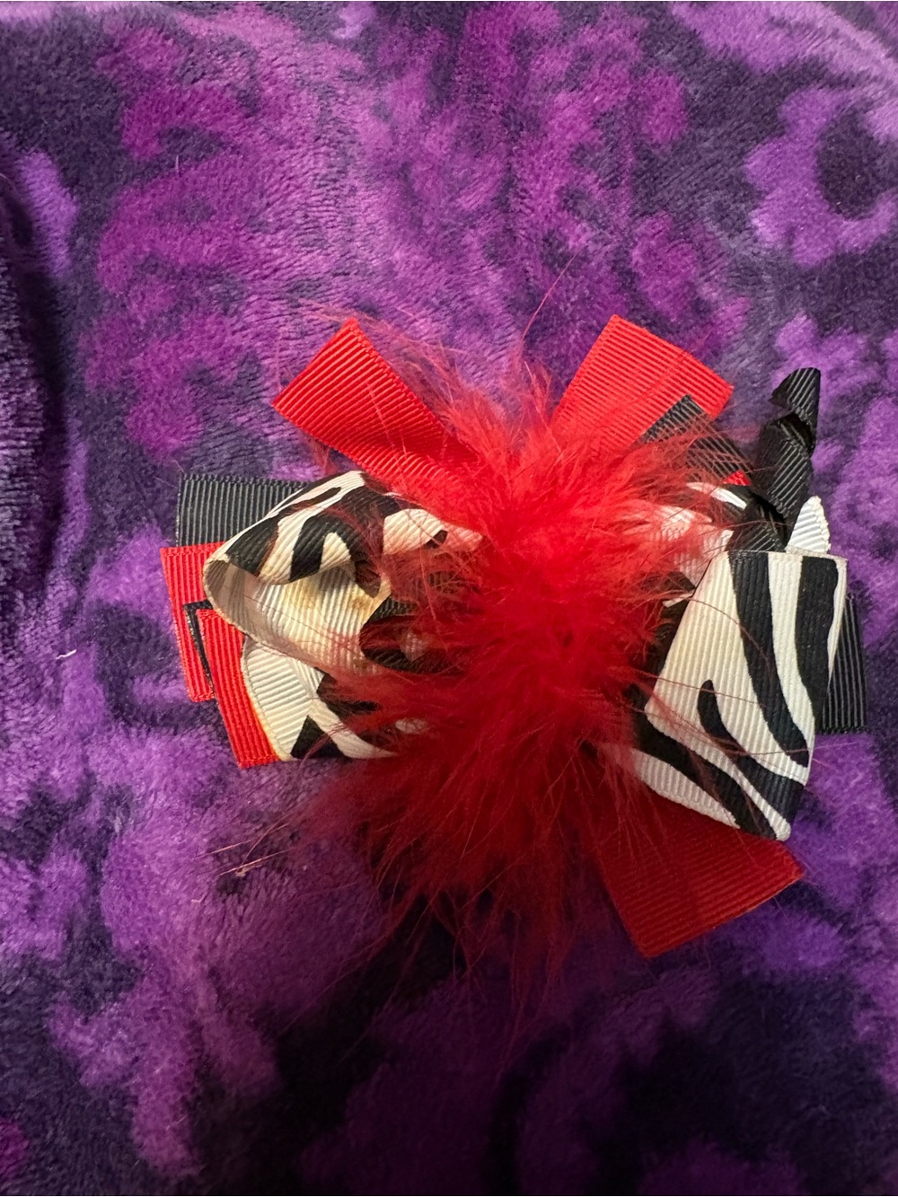 Red Zebra-Print Feather Bow Hair Clip for Women